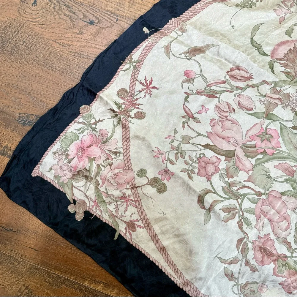 Hiroko for Dozo Cream / Pink Floral  Black Trim Silk Scarf